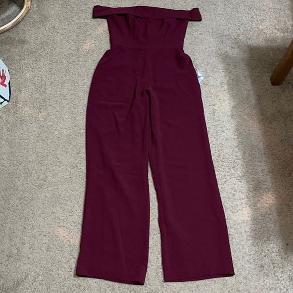 Dress The Population Julian Crepe Off The Shoulder Wide Leg Jumpsuit Burgundy S - Picture 3 of 11